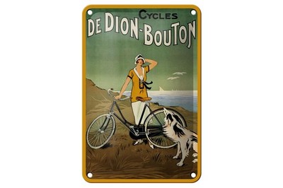 Blechschild Fahrrad 12x18 cm De Dion-Bouton Frau mit Fahrrad und Hund Schild