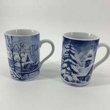 Konitz Mugs Blue White Winter Scenes Germany Porcelain Excellent Set of 2