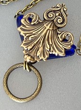 Vintage Necklace Victorian Revival Brass Filigree Blue Czech Glass Pendant