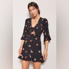 Forever 21 black orange floral 3/4 sleeve chest tie a-line mini dress sz L b60
