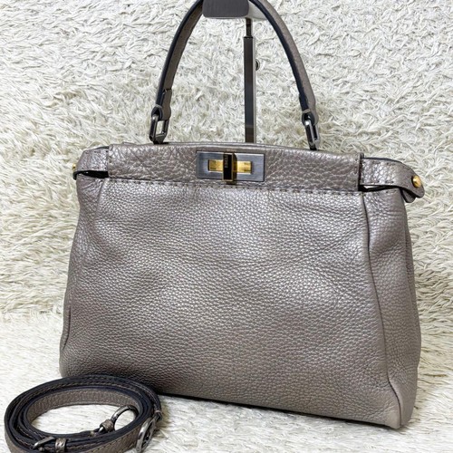 Fendi Selleria Peekaboo Handbag 2W Metallic Gray Silver Logo