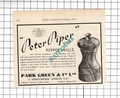 Park Green & Co Ltd London Peter Piper Pfeffermühlen ANZEIGE - 1954 kleine ANZEIGE