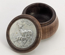 Garrard & Co Sterling Silver & Turned Wood Deer Doe & Fawn Pill Trinket Box 1997