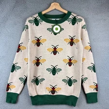 New OXXNIT Knit Sweater Cream Green Bee Pattern Crew Neck Women Size S