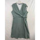 Lands' End Faux Wrap Dress Womens XL 18 Green Geometric Side Knot V-Neck Knit