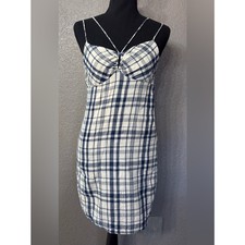 Miss Me Women’s Sz S Blue White Plaid Cotton Strappy Sun Dress Midi Side Zip