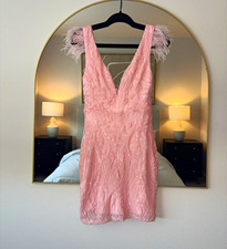 Windsor Women's Pink Sequin Mesh Mini Dress V-Neck Feather Straps Zip S