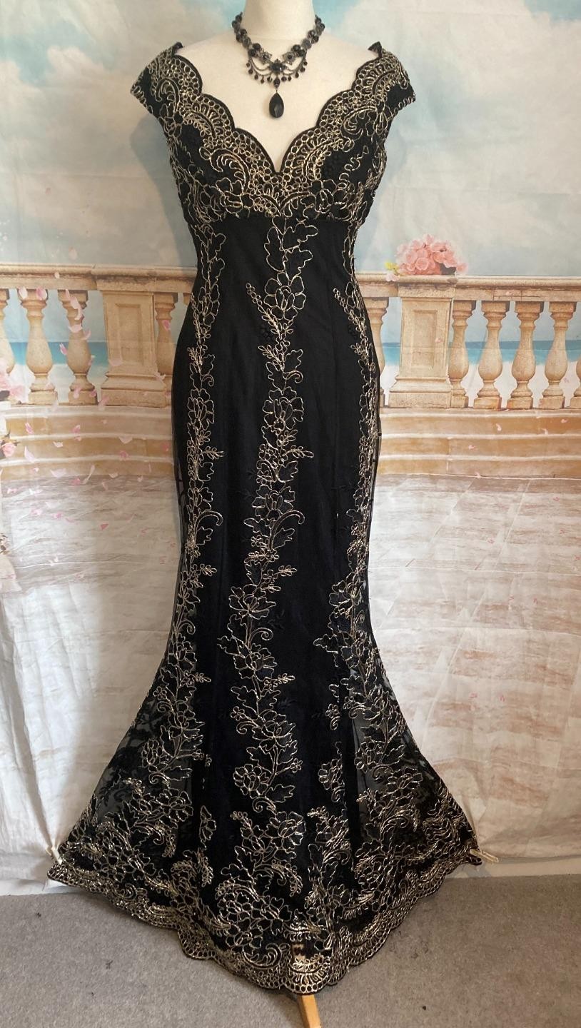 Evening Maxi Dress 8 Black Gold  Fishtail Bardot Quiz Lace Prom Gatsby