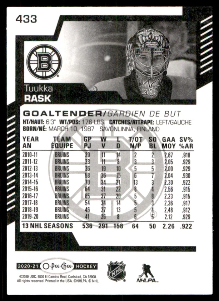 2020-21 O-Pee-Chee Tuukka Rask Boston Bruins #433 - Image 2 of 2