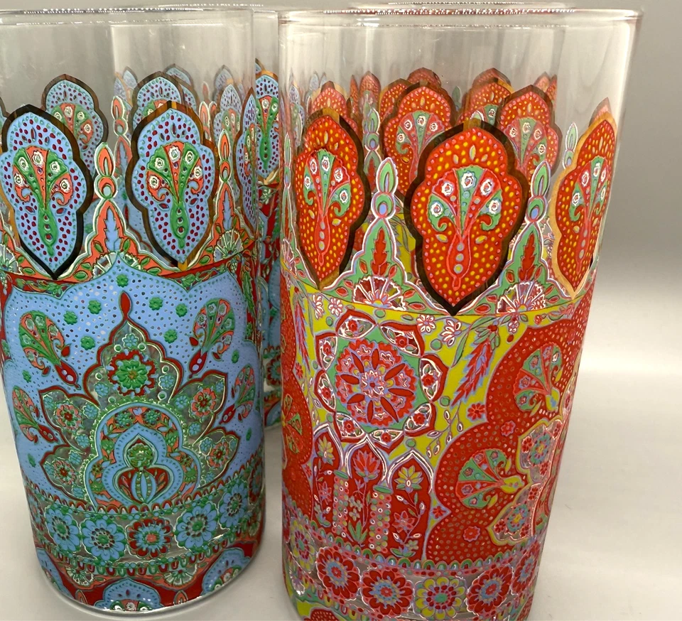 4 World Market Boho Red & Blue Peacock Double Old Fashioned Juice Glasses - Image 3 of 4