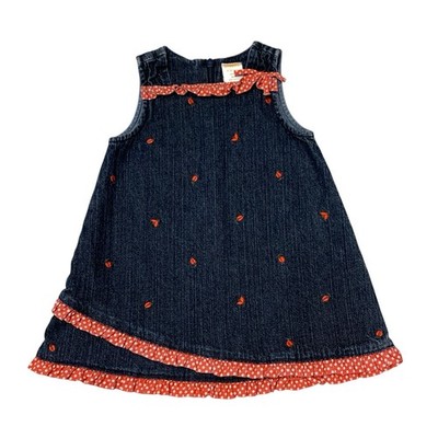 Vintage Gymboree 6 - 12 Months Denim Dress Embroidered Ladybugs Red Ruffles