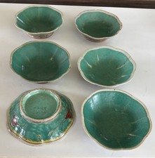  6 Antique Chinese Famille Rose Bowls, Blue Green, Marked China