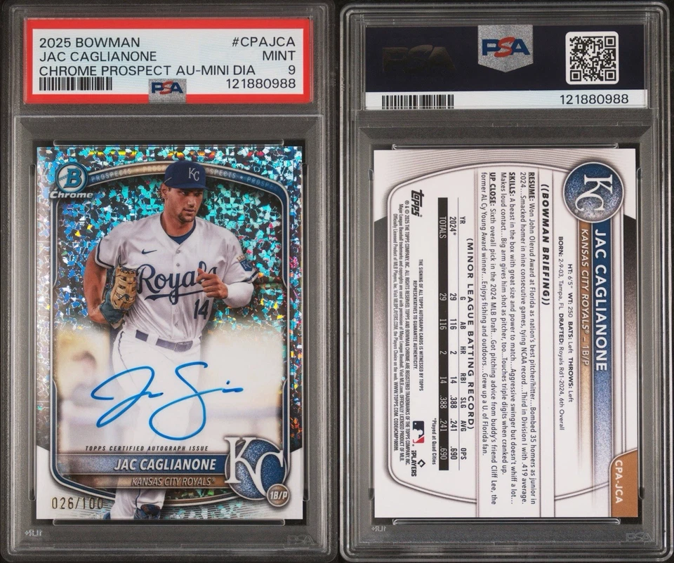 JAC CAGLIANONE 2025 BOWMAN CROMO MINI REFRACTOR DIAMANTE AUTOMÁTICO/100 PSA 9 Foto 3 de 3