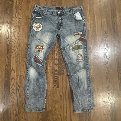BLAC LEAF Distressed Patchwork Moto Jeans