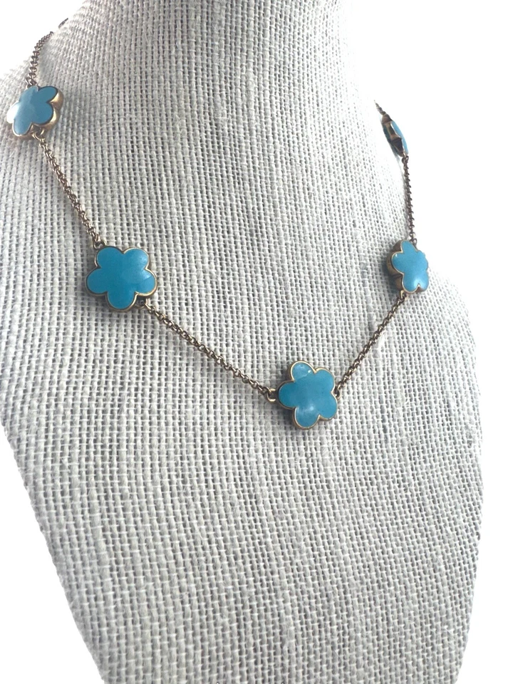 Vtg Lauren G Adams Necklace Daisy Love Turquoise Blue Enamel Gold Toned 16-18” - Image 4 of 4