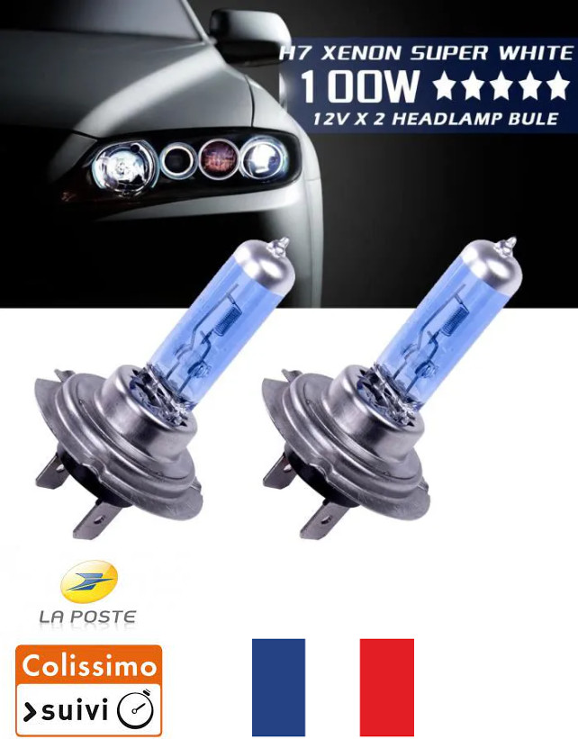 Phares H7 haute puissance 100W avec effet xénon blanc 8500K pour vision nocturne