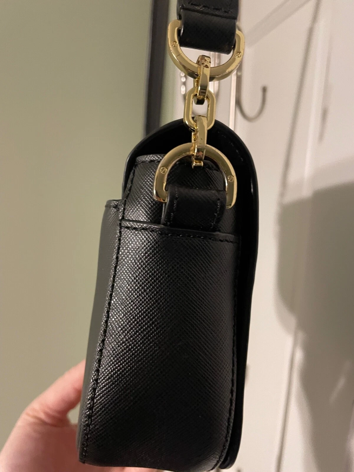 Tory Burch Black Saffiano Leather Perforated Front Flap Shoulder Bag Purse