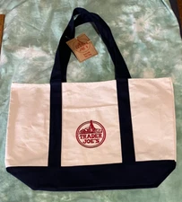 Trader Joe’s Reusable Bag Tote Heavy Duty Cotton Blend Natural/Navy LARGE