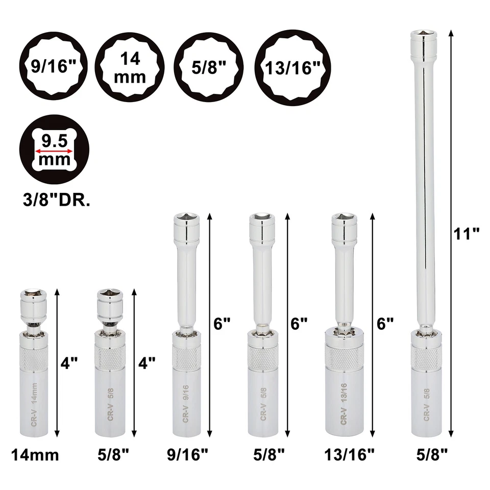 6PC 3/8"Dr. Magnetic Swivel Spark Plug Socket Set Include 9/16" 5/8" 13/16" 14mm - Image 3 of 4