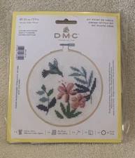 DMC EXOTIC FLOWERS & HUMMINGBIRD Cross-Stitch Kit 6" Sealed - NEW