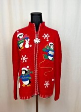 Vintage Christmas Red Cardigan With Embroidered Penguins  Snowmen Theme