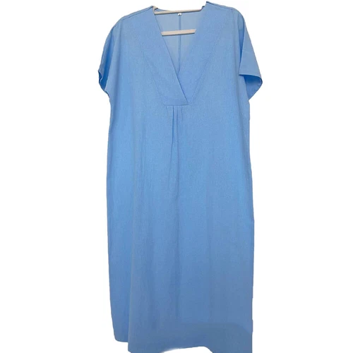 Ladies Cotton Linen V Neck Midi Dress Women Short Sleeve Loose Long Dress US - Bild 9 von 26