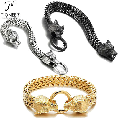 Stainless Steel Wolf Head Franco Link Chain Spring Clasp Bracelet 9