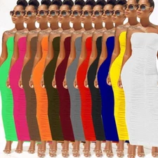 Women's Sexy Ruched Tight Strapless Sleeveless Bodycon Tube Maxi Long Club Dress