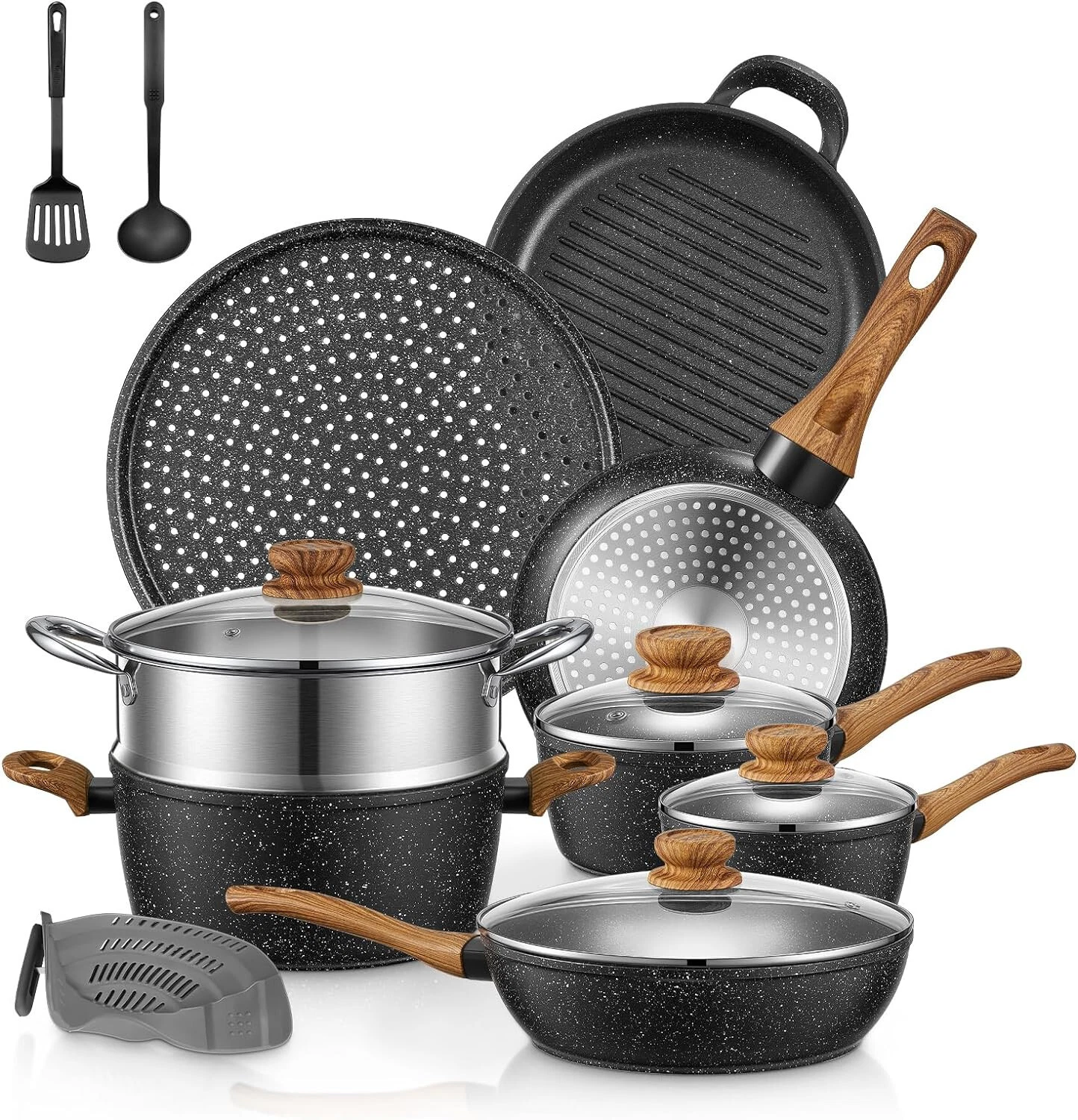 FOHERE Pots and Pans Set , 15 PCS, Aluminum Nonstick Induction Cookware Set