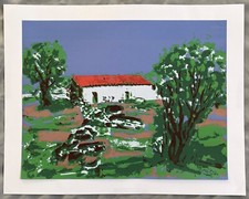 Rita Theis 1931 - 2018 Gelsenkirchen, Handsiebdruck Motiv: Landschaft, Haus