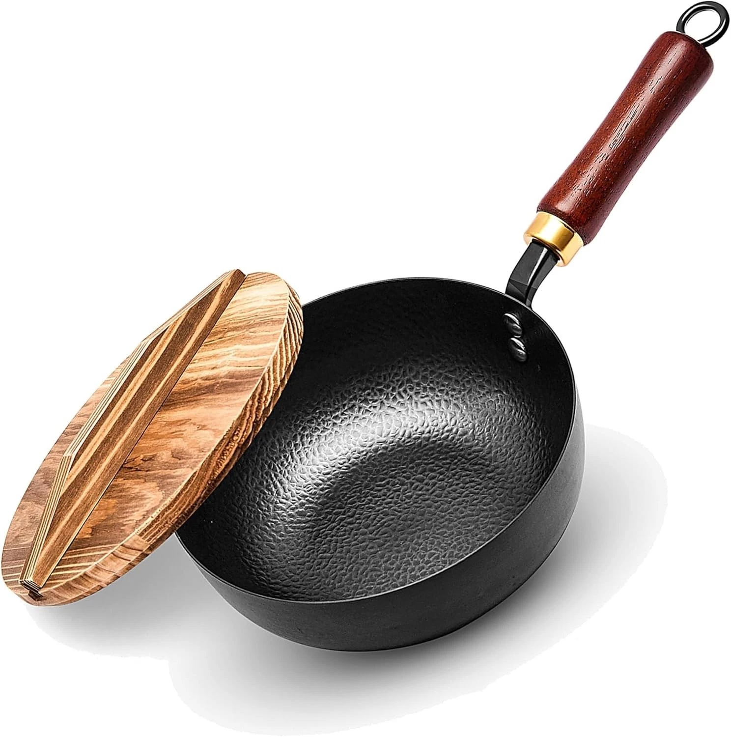 Wok Pan W/ Lid Carbon Steel Small Wok 7.8 Inch 1.6QT Cold-Forged Iron Flat