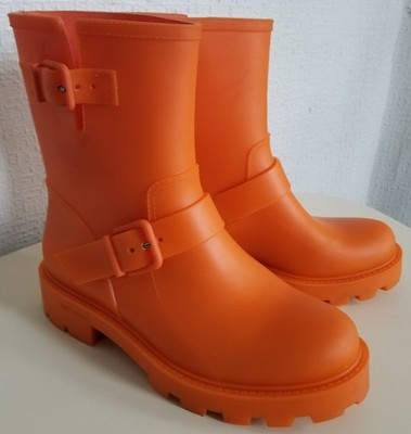 Jimmy Choo ''Yael'' Women's Orange Biodegradable Rubber Rain Biker Boots / EU:38