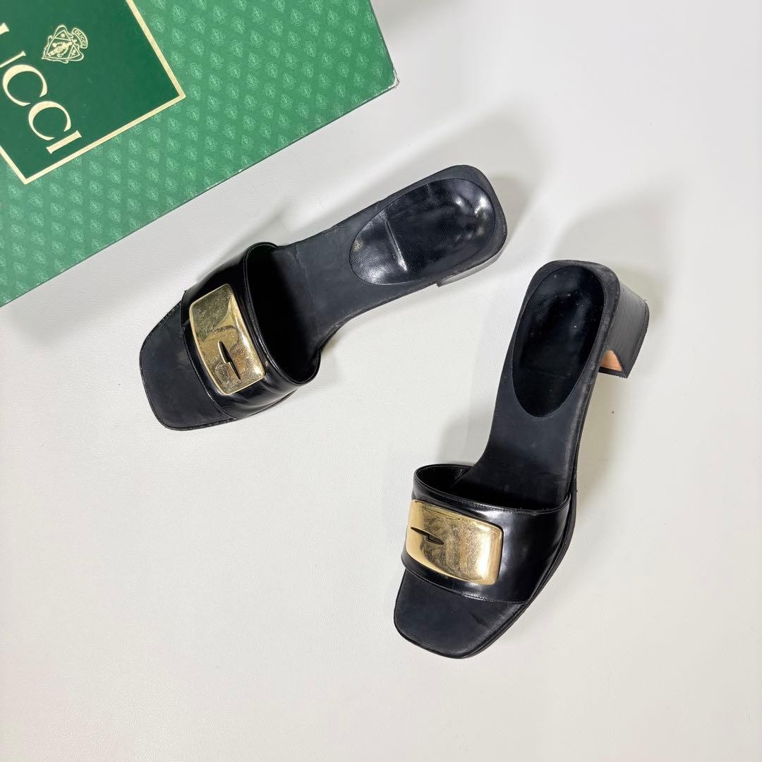 Auth GUCCI Heel Mules Sandals Shoes Black Gold Leather Logo Size EU34 US4 Women