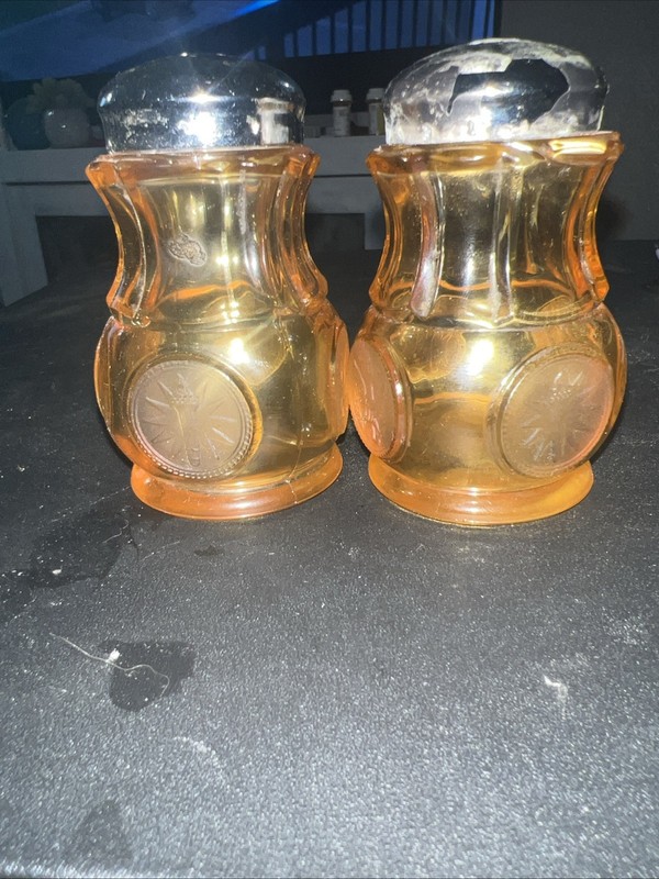 Vintage Fostoria Coin Amber Glass Salt Pepper Shakers 3 1/2 Inches Tall
