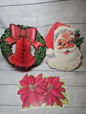 Vtg CHRISTMAS Cardboard Die Cut Outs Wall Hanging-TRIO-Wreath, Santa, Poinsettia