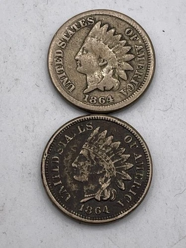 1864 Indian Head (2) Copper Nickel Cent Penny- Fine Details, Partial LIBERTY