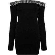 David Koma Women's Crystal-Embellished Off-Shoulder Mini Black Dress Size UK8US4