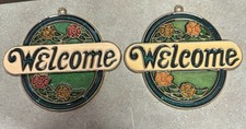 Set Of 2 Vintage Stained Glass Welcome And Floral Suncatchers