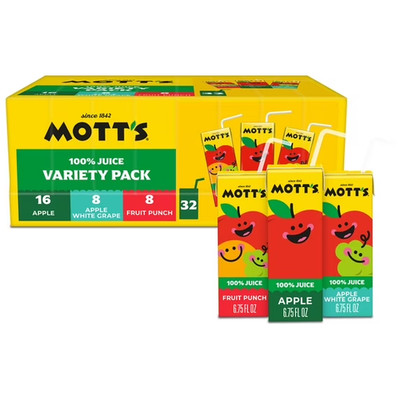 Mott's 100percent Apple Juice Variety Pack, 6.75 fl oz, 32 Count Boxes.