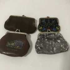 Vintage 4 Coin Purses, One Mesh, One Beaded & Two Leather . Kiss lock