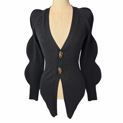 Commense Turn Lock Wave Sleeve Ribbed Cardigan Sweater Black XS Knit Top