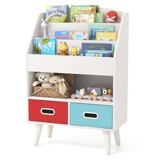 Kids Bookshelf w/3-Tier Bookshelves Open Compartment  2 Foldable Fabric Drawers