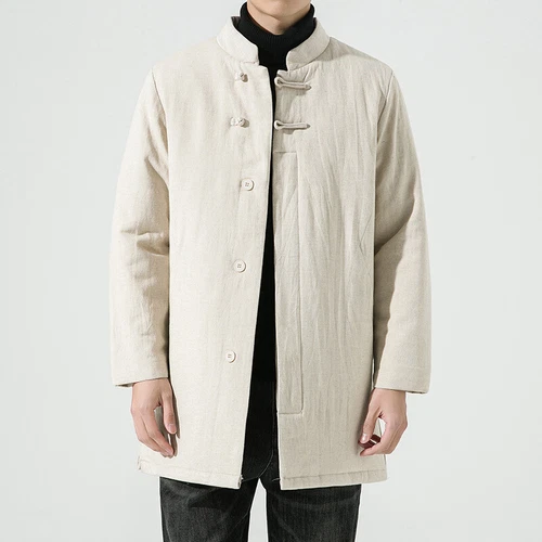 Abrigo acolchado retro de algodón y lino estilo chino con cuello alto para hombre - Imagen 9 de 13