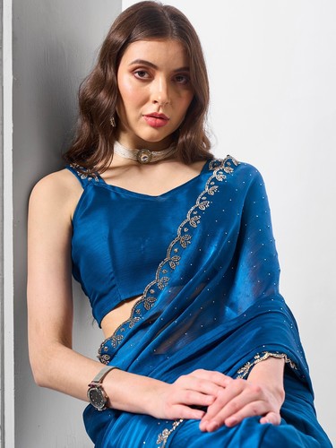 Alluring Blue Satin Chiffon Saree For Women, Party Wear Saree, Zarkan Stone Work - Picture 4 of 5