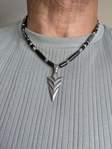 Mens Arrow Head pendant,beaded Necklace,Black & stainless steel Beads,Handmade - Picture 4 of 9