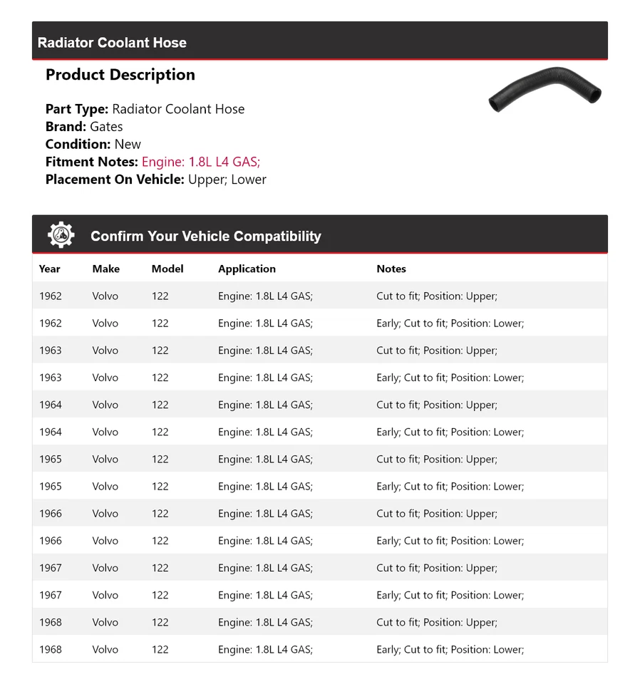 Puertas de manguera de refrigerante de radiador de gas L4 1,8 L 1962-1968 Volvo 122 1963 1964 1965 Foto 2 de 4