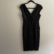 Adrianna Papell Women SZ 4 Black Layered V-Neckline Sheer Top Sheath Dress