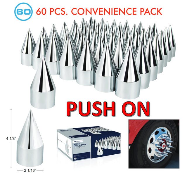 (Set/60) Chrome Spike Lug Nut Covers 11/2" PushOn (41/8" Long) 60