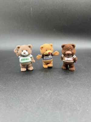 3 Vintage 1987 Mars Flocked Fuzzy Teddy Bear Plain M&Ms Milky Way Snickers