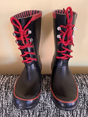 Women's “Hunter” Rain Boots Festival Lace up Black Red Mid Calf